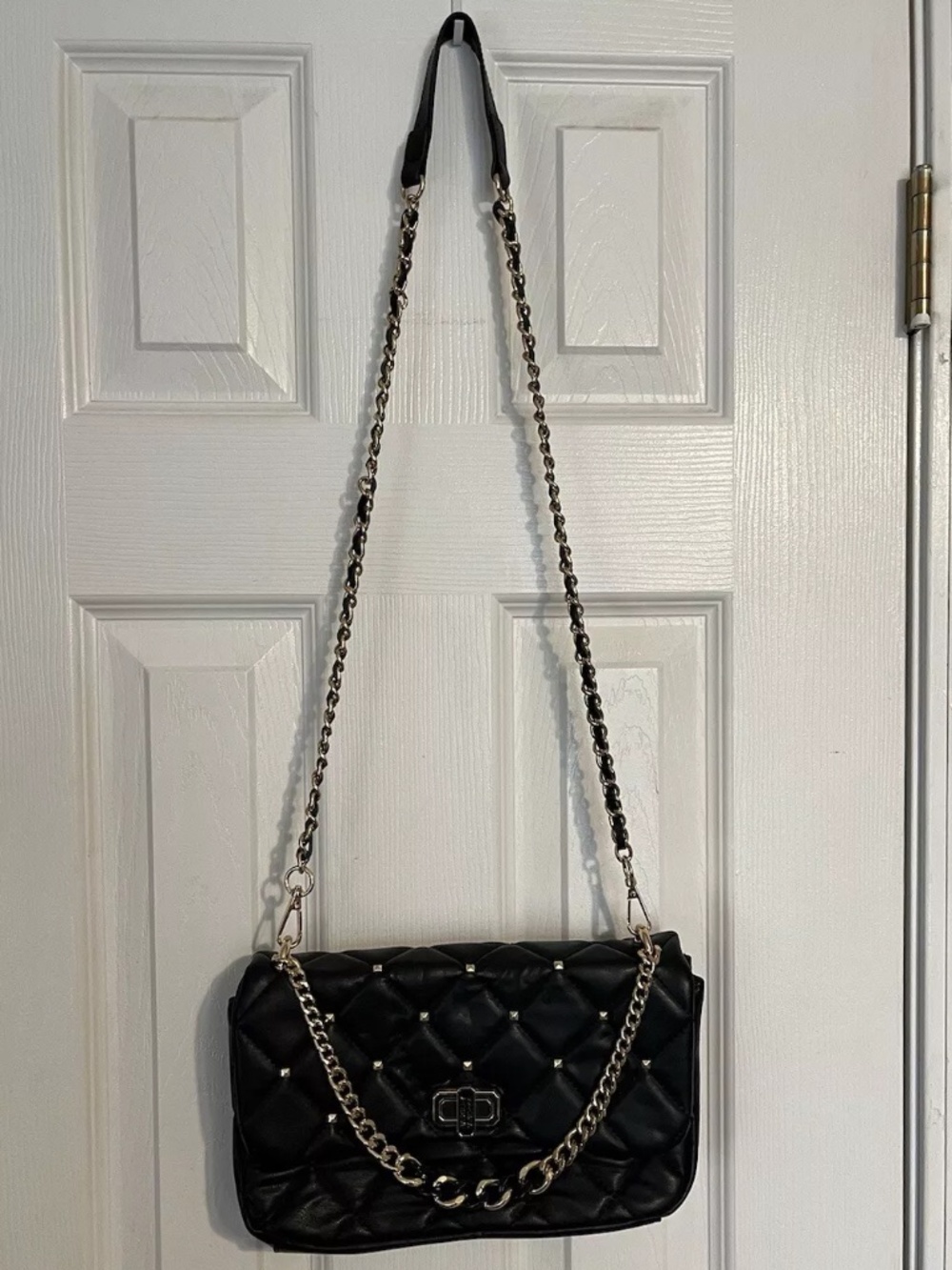Badgley Mischka Black Faux Leather Crossbody Studded Handbag Purse Shoulder Bag